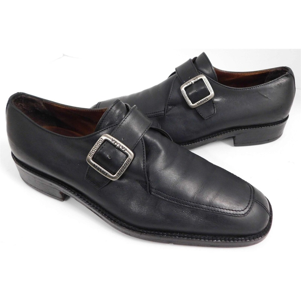 Versace‎ V2 Black Leather Buckle Slip On Loafers Italy 9 US 10